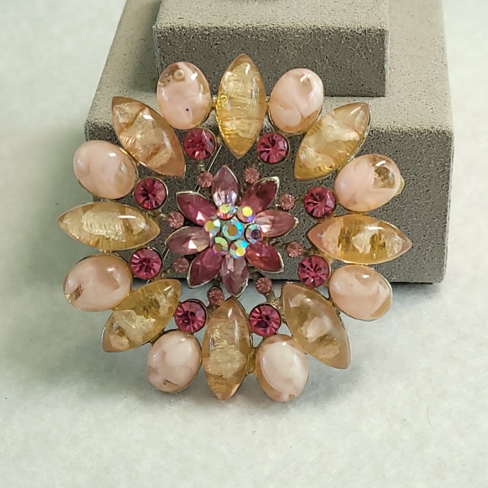 Pink Amber Rhinestone Brooch Floral Starburst Mid-Century Revival Statement